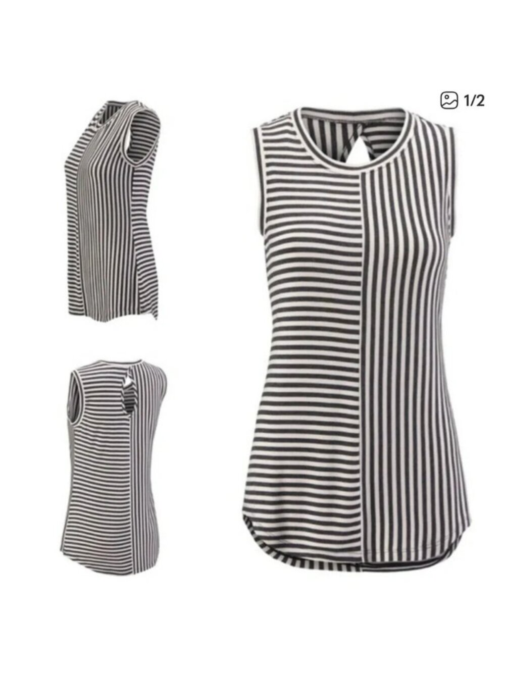 CAbi #3417 Gray White Stripe Tank Top Sleeveless Mixed Print Round Neck